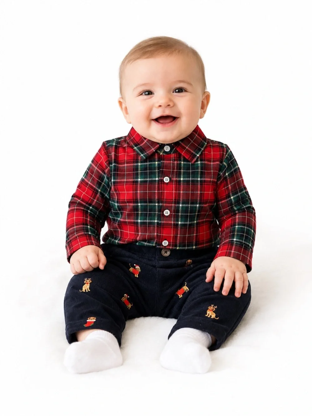 New - Little Me Red Plaid Christmas Baby Onesie with Navy Embroidered Pants